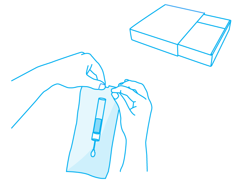 Opening a testing kit box and a packaged buccal swab